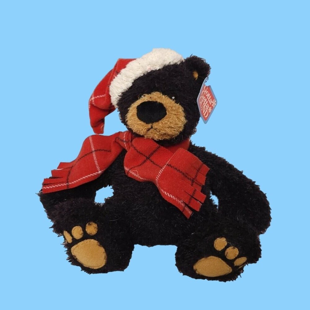 Vintage Gund Cole Teddy Bear 8" Christmas Plush Black Plaid Scarf  Santa Hat